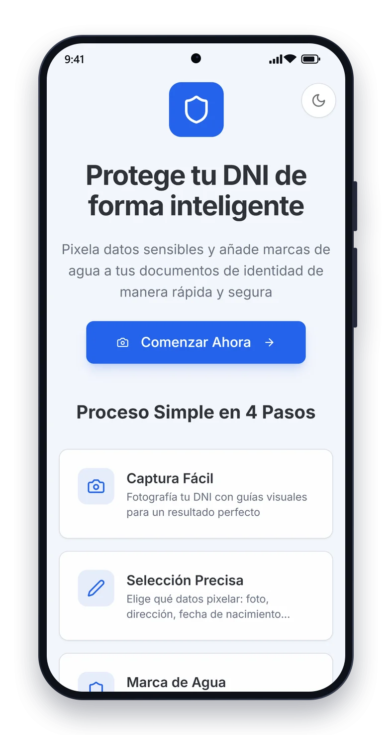 Pantalla de inicio de la app DNI Protect