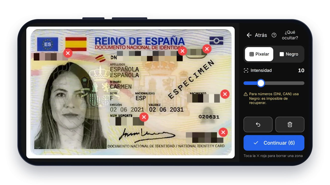 Editor de DNI Protect tapando en negro el número de DNI, el soporte y el CAN