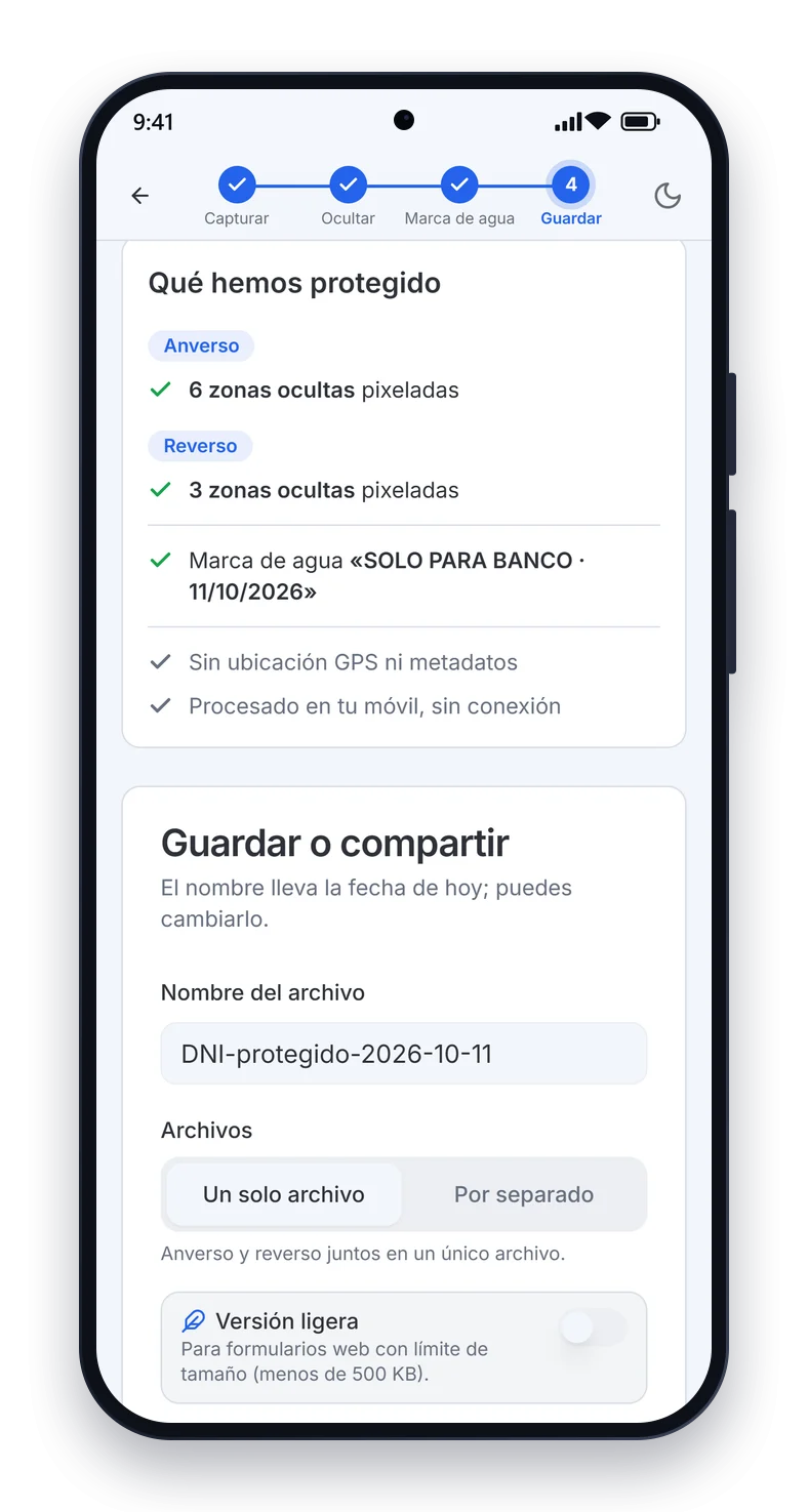 Resumen de los datos ocultos y la marca de agua aplicada