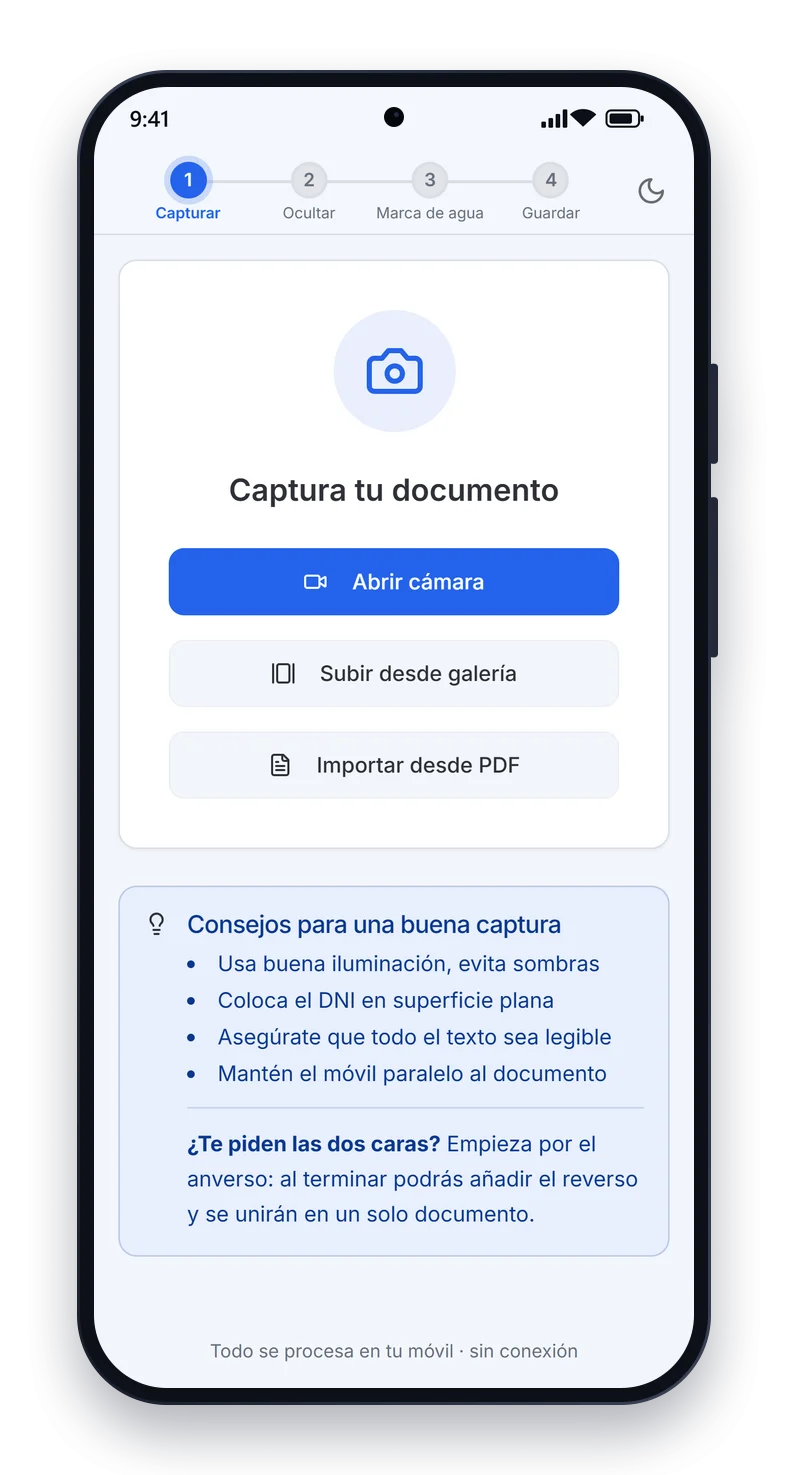 Capturar el DNI con la cámara, la galería o un PDF