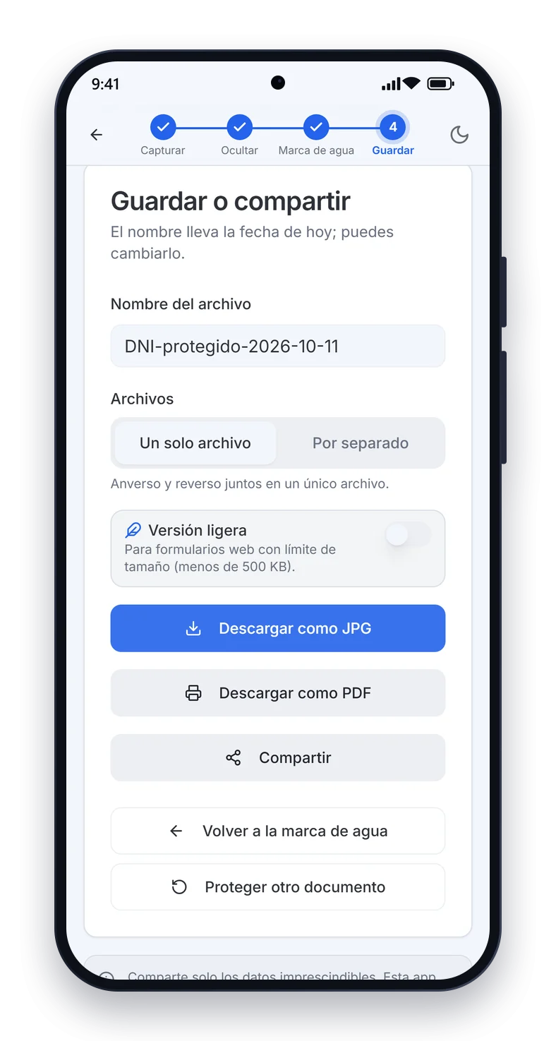 Guardar el DNI protegido en JPG o PDF o compartirlo